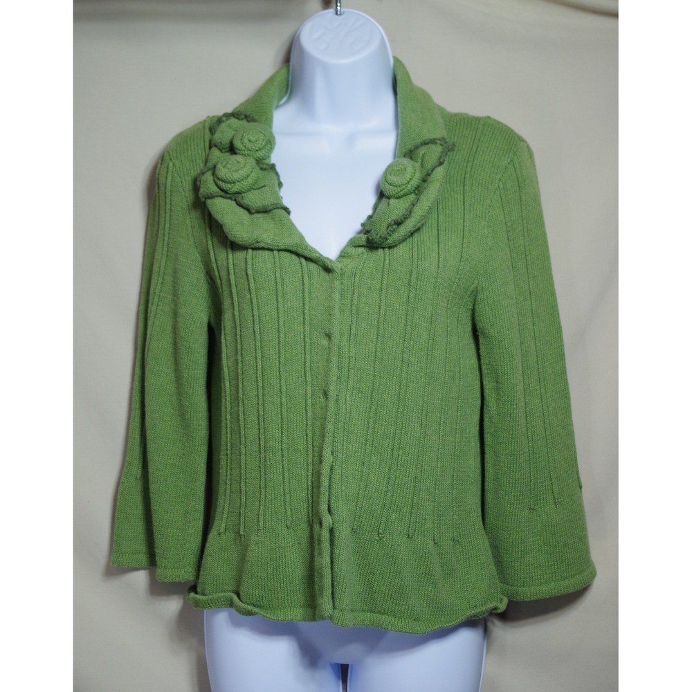 Cabi Medium Green Cotton Ribbed Cardigan 3D Floral Rosette Collar Sweater